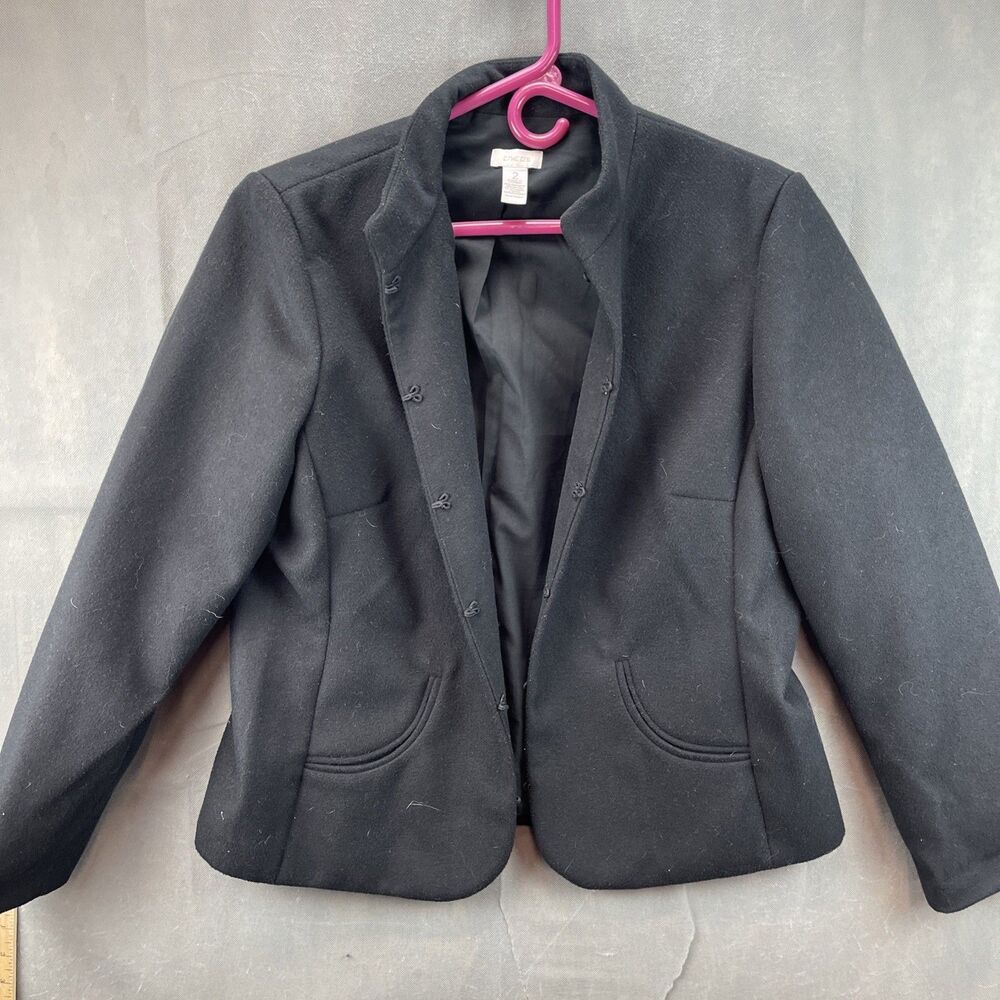 CHICO'S Solid Black Soft Felted Brushed Hook & Eye Front Blazer Jacket Size 2